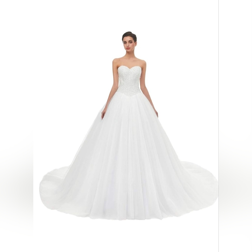 Satin & Tulle Beaded Corset Sweetheart White Wedding Gown With Train Size 14